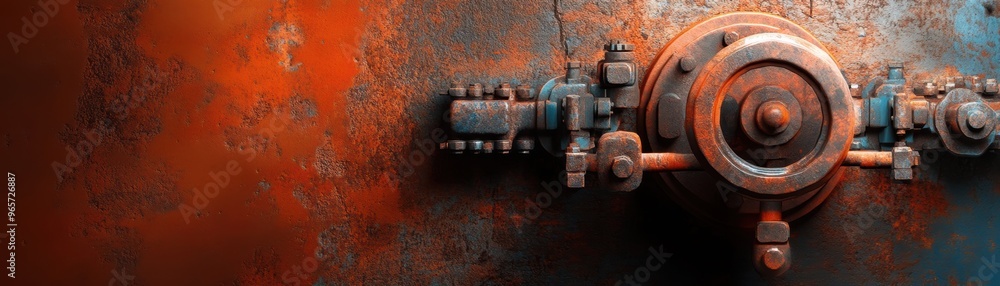 A close-up view of a rusty industrial valve on an orange and blue textured background, showcasing age and weathering effects. A close-up view of a rusty industrial valve on an orange and blue textured background, showcasing age and weathering effects.