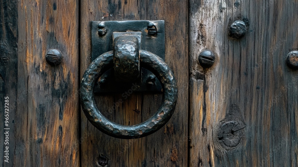 Metal ring door knocker on a medieval wooden door Metal ring door knocker on a medieval wooden door