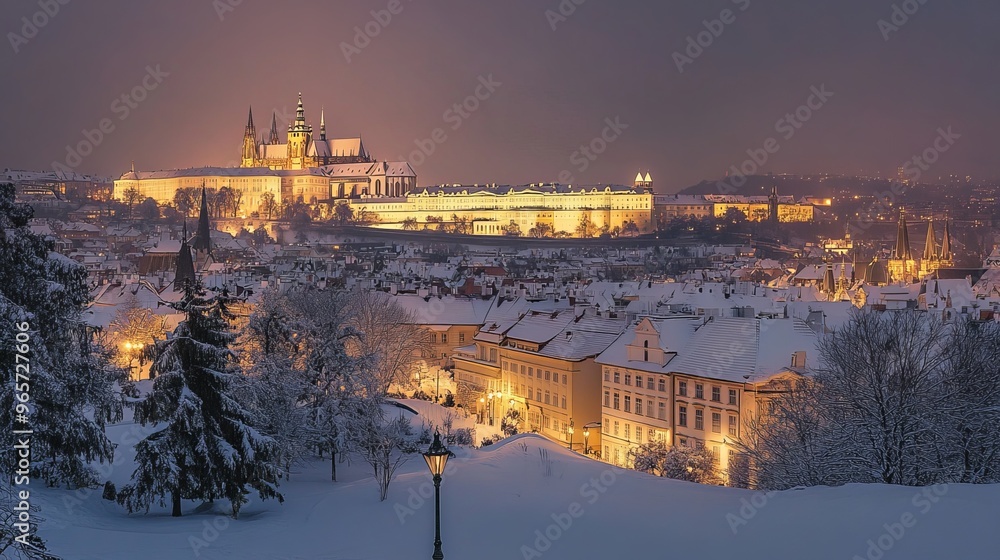 Fototapeta premium Prague Castle and St. Vitus Cathedral illuminated at night on a winter evening, viewed from Strahov Monastery.