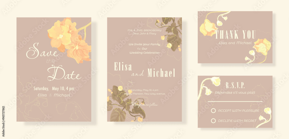 Floral template in a set of four sheets for the wedding celebration party. Delicate hand-drawn African violets and their contour on plain backgrounds. Elegant cards for any celebration party. Floral template in a set of four sheets for the wedding celebration party. Delicate hand-drawn African violets and their contour on plain backgrounds. Elegant cards for any celebration party.
