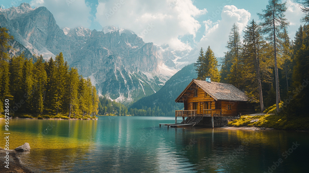 Fototapeta premium wooden cabin on lake with mountain scenery