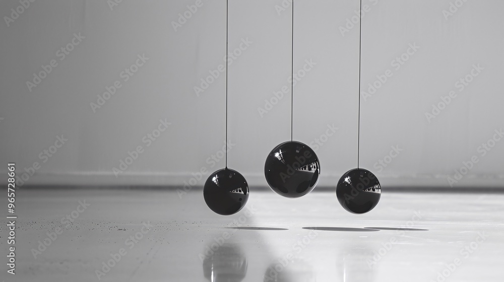 Three black spheres suspended in a minimalist setting, illustrating motion and balance. Three black spheres suspended in a minimalist setting, illustrating motion and balance.