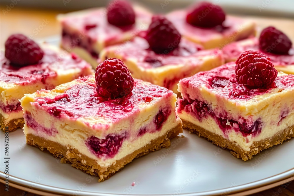 A white plate topped with slices of raspberry cheesecake bars A white plate topped with slices of raspberry cheesecake bars