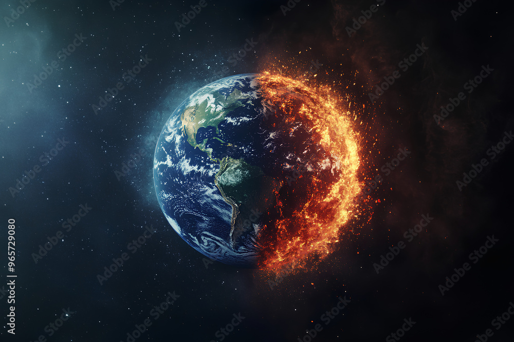 Earth depicted with one half vibrant and alive, the other engulfed in flames, symbolizing climate change. Earth depicted with one half vibrant and alive, the other engulfed in flames, symbolizing climate change.