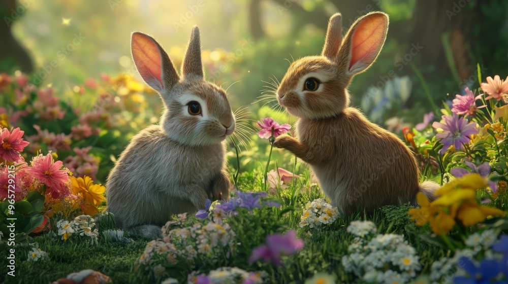 Obraz premium a picture of a pair of rabbits playing in a flower garden that looks so beautiful