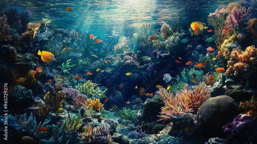 Naklejka premium Vibrant coral reef teeming with colorful fish in a clear blue ocean.