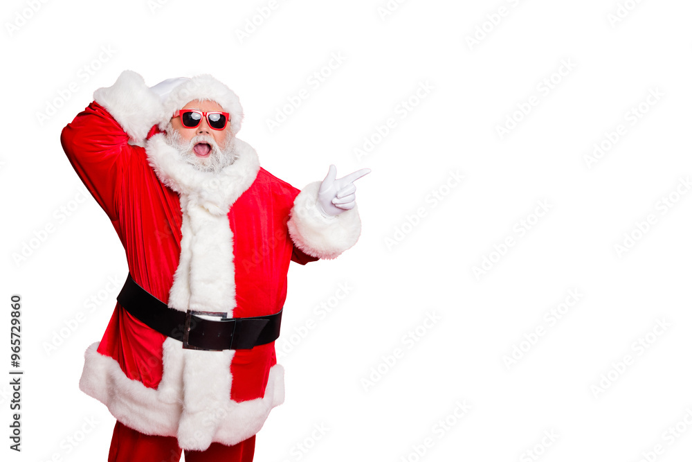 © deagreez - Portrait of his he nice attractive cheerful cheery glad stunned bearded Santa showing ad advert copy space present gift surprise isolated over bright vivid shine red background