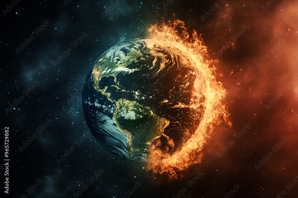 Earth depicted with fiery elements, symbolizing climate change and environmental urgency. Earth depicted with fiery elements, symbolizing climate change and environmental urgency.
