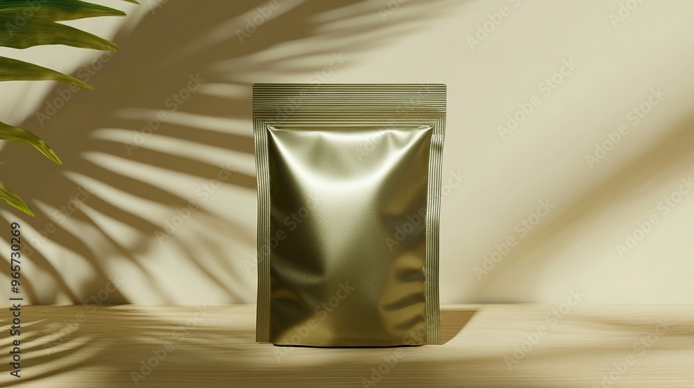 Minimalist gold foil pouch for food packaging with shadows and light reflections Minimalist gold foil pouch for food packaging with shadows and light reflections