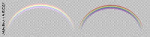 Rainbow on transparent background. Realistic rainbows in different shape and size. Rainbow, effect after rain. Vector illustration. Transparent rainbows. Downpour, hail rainy weather. png