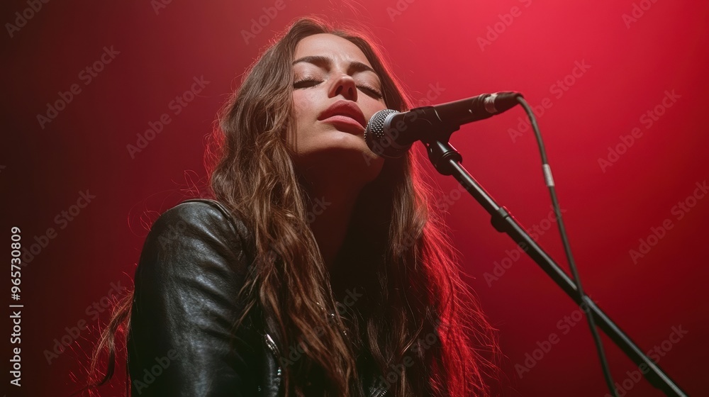 Young female musician singing into a microphone while performing on stage, creating a moody, emotional atmosphere. Indie music performance concept. Young female musician singing into a microphone while performing on stage, creating a moody, emotional atmosphere. Indie music performance concept.