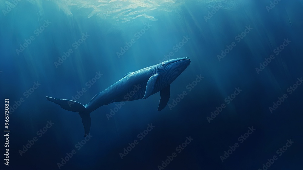 Obraz premium A blue whale venturing into the abyss of the blue ocean