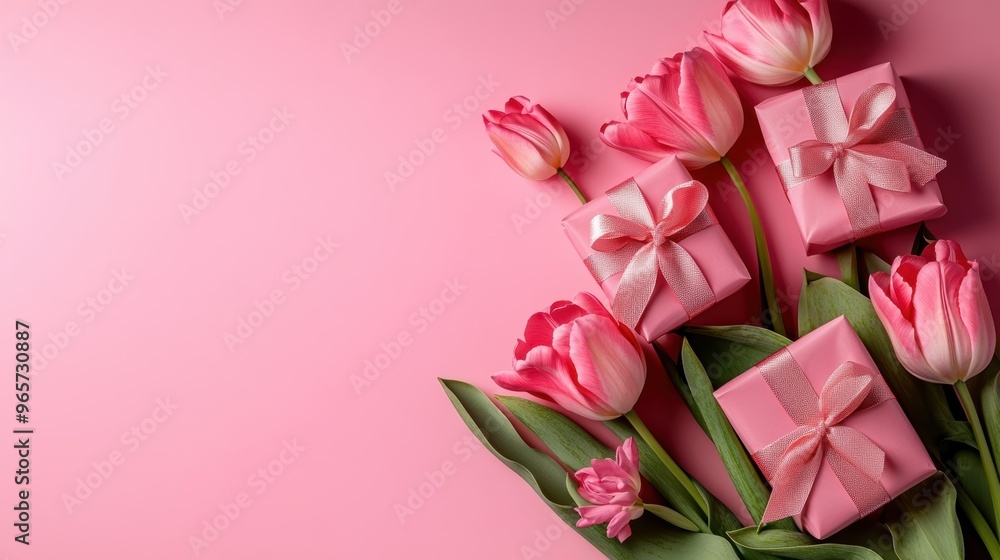 Pink tulips and gift boxes wrapped with pink ribbons arranged on a soft pink background, creating a feminine and elegant spring or holiday theme. Pink tulips and gift boxes wrapped with pink ribbons arranged on a soft pink background, creating a feminine and elegant spring or holiday theme.