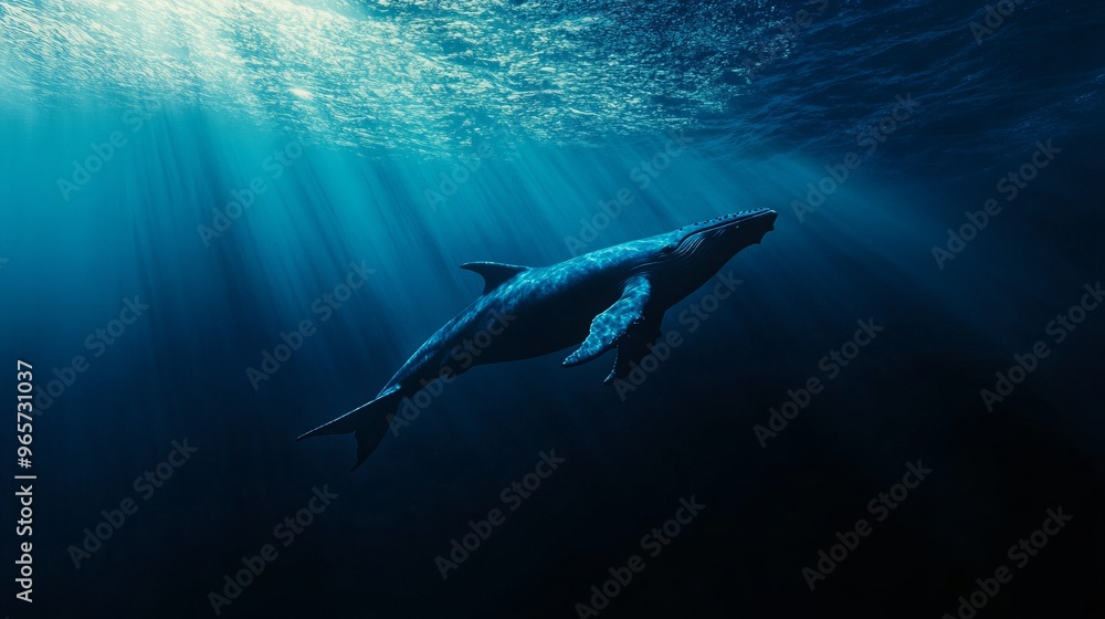 Obraz premium A blue whale venturing into the abyss of the blue ocean