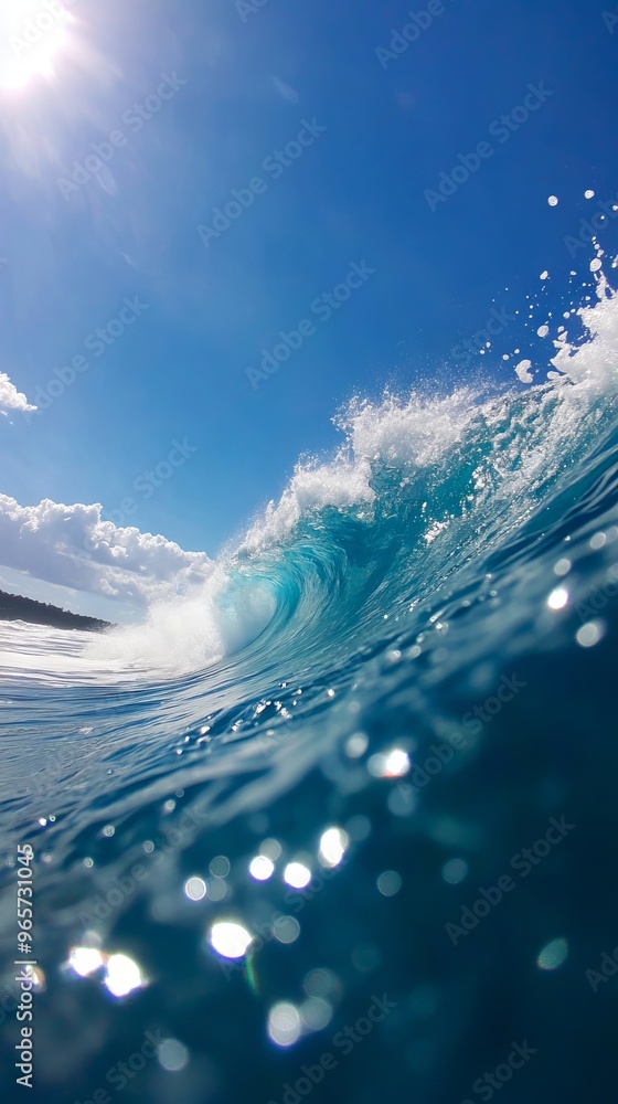 A large wave breaking in the ocean with a blue sky in the background A large wave breaking in the ocean with a blue sky in the background