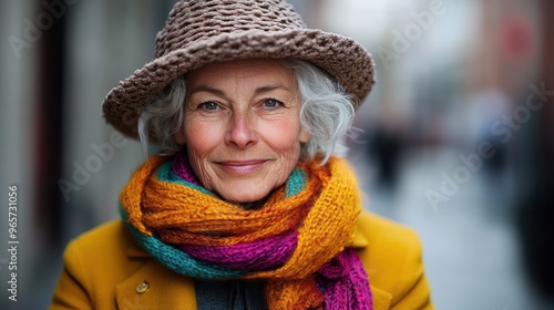 Elderly woman in a hat and colorful scarf smiles warmly. She exudes a sense of kindness and wisdom, and her eclectic attire adds a touch of vibrancy.