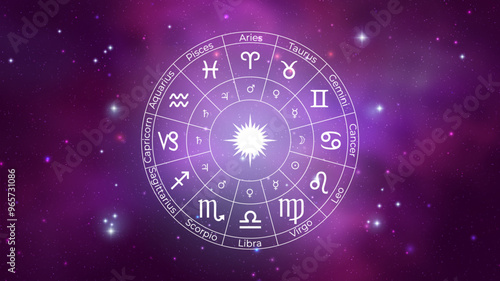 Circle with Zodiac Signs on Colorful Starry Space Background. Vector Illustration