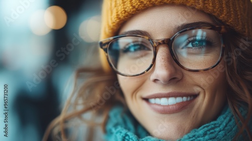 A smiling woman with glasses wears winter attire including a knitted hat and scarf, creating a warm and inviting scene outdoors with a cozy and friendly ambiance. photo