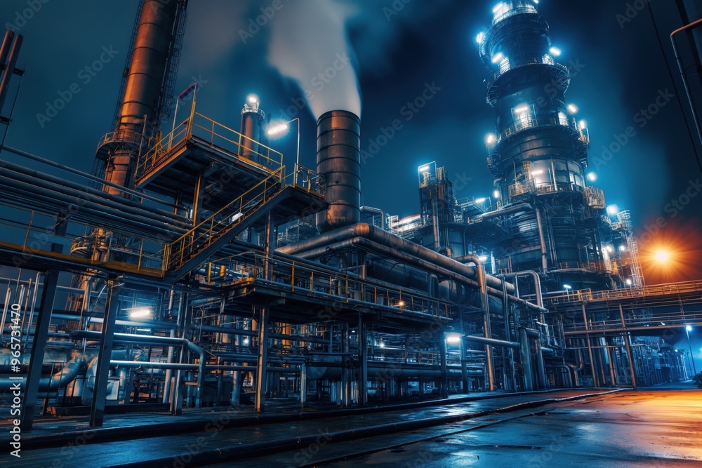 Futuristic petrochemical refinery glowing at night with smoke coming from a chimney Futuristic petrochemical refinery glowing at night with smoke coming from a chimney