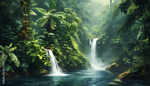 tranquil tropical rainforest featuring a cascading waterfall surrounded by vibrant lush vegetation