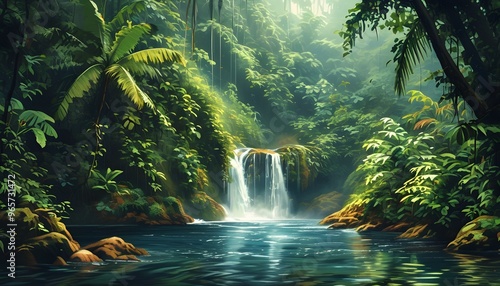 tranquil tropical rainforest featuring a cascading waterfall surrounded by vibrant lush vegetation