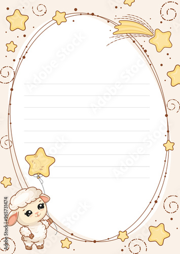Baby poster with cute sheep with balloon star, newborn baby metrics, height, weight, date of birth. Illustration for children s bedroom, cards, wall decorations.