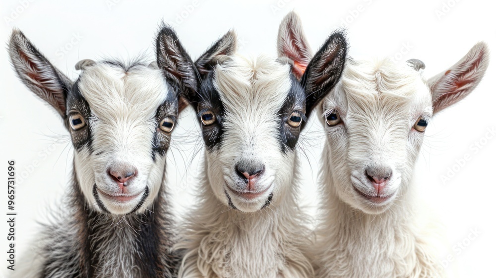 Obraz premium Three Amusing Goats in Closeup Isolated on White Background