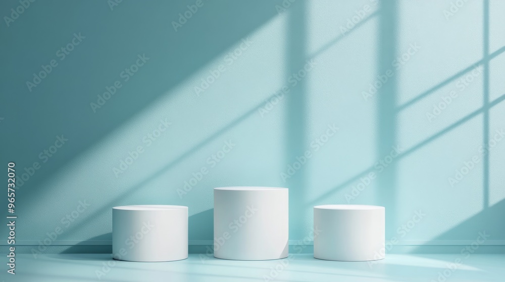 Three white cylindrical podiums on a light blue background with window light. . Three white cylindrical podiums on a light blue background with window light. .