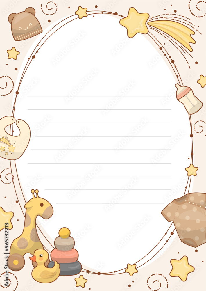 Fototapeta premium Baby poster with adorable baby toys and things, newborn baby metrics, height, weight, date of birth. Illustration for children s bedroom, cards, wall decorations