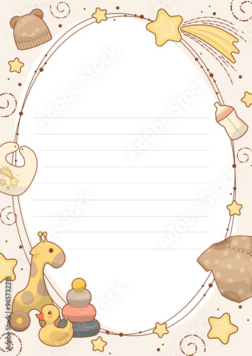 Baby poster with adorable baby toys and things, newborn baby metrics, height, weight, date of birth. Illustration for children s bedroom, cards, wall decorations