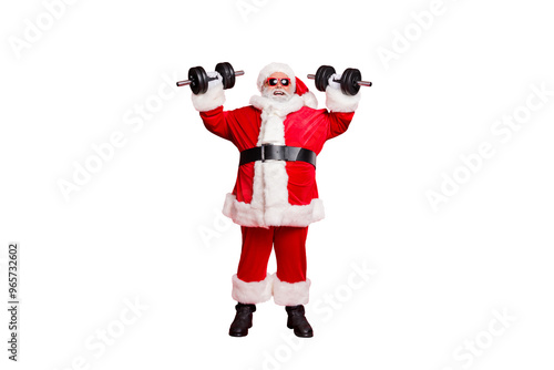 Full length body size view of his he nice attractive cheerful cheery glad strong bearded Santa working out barbell isolated over bright vivid shine red background photo