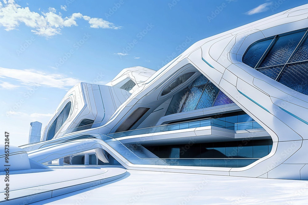 Obraz premium Futuristic building with organic architecture standing in snowy landscape under blue sky with clouds