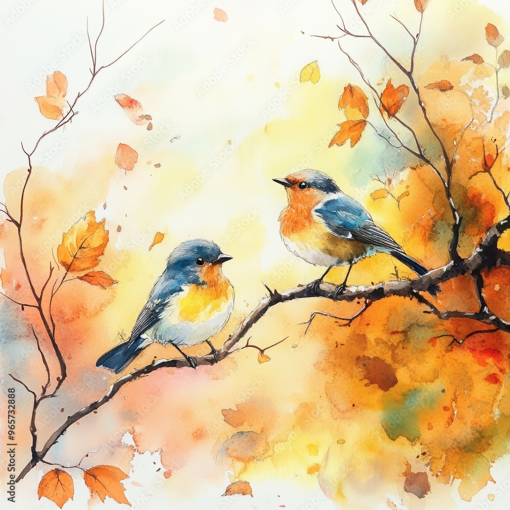 two birds perched on branch with autumn leaves, watercolor style, soft blend of warm colors in background. seasonal greeting cards or calendar, autumn-themed home decor and wall art, print, cover. two birds perched on branch with autumn leaves, watercolor style, soft blend of warm colors in background. seasonal greeting cards or calendar, autumn-themed home decor and wall art, print, cover.