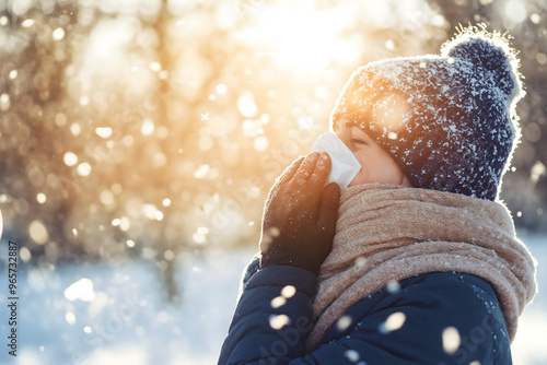 Woman sneezing outdoors in winter snowfall, bundled in warm clothes