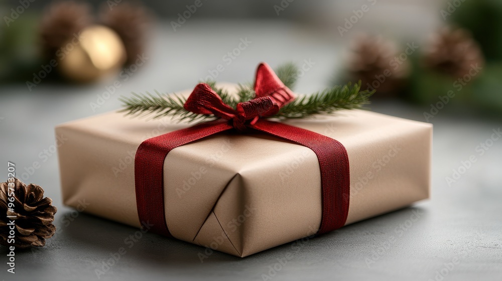 Christmas Gift Wrapped with Red Ribbon and Pine Decoration Christmas Gift Wrapped with Red Ribbon and Pine Decoration