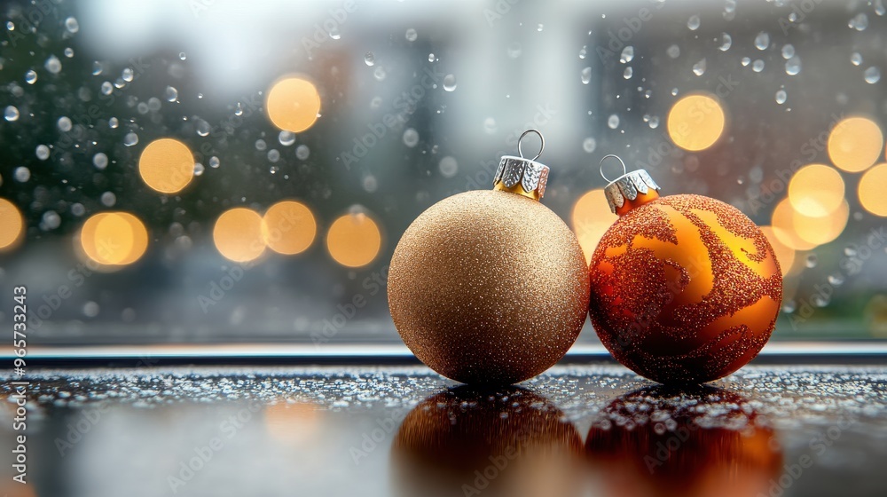 Fototapeta premium Christmas Ornaments on Rainy Window with Holiday Lights