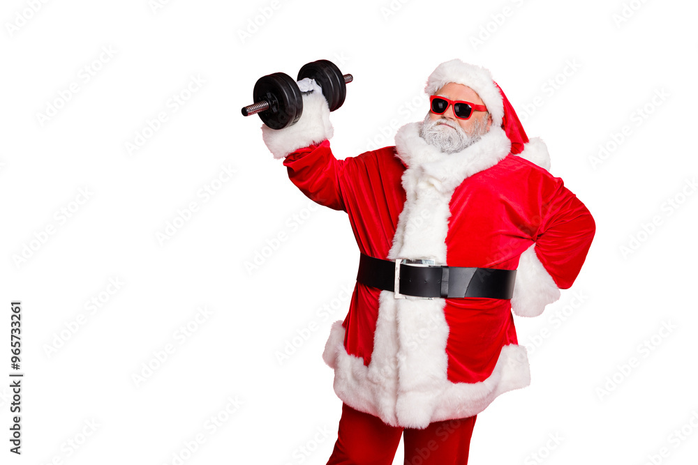 © deagreez - Portrait of his he nice attractive fat overweighed bearded Santa working out barbell physical exercise workout calories diet regime isolated over bright vivid shine red background