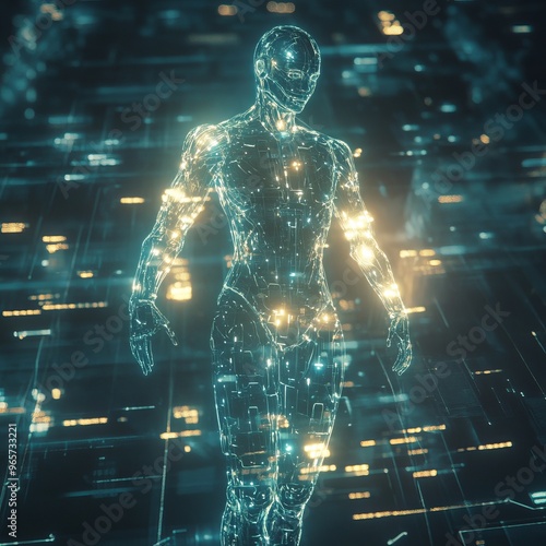 A glowing, digital humanoid figure stands on a blue and yellow grid.