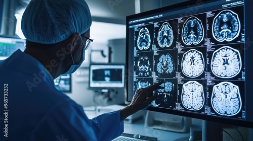 Medical doctor pointing at a brain mri scan on a computer screen