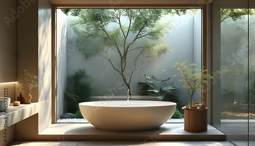 Elegant bathroom oasis embracing tranquility with natural light harmonizing serene design elements