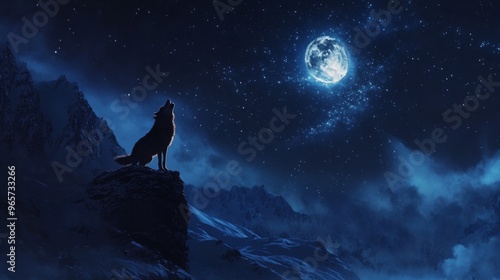 A lone wolf howls at the full moon in a snowy mountain range under a starry night sky.