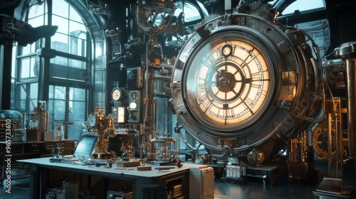 A time machine in a high-tech lab, with scientists preparing for a journey to the past.