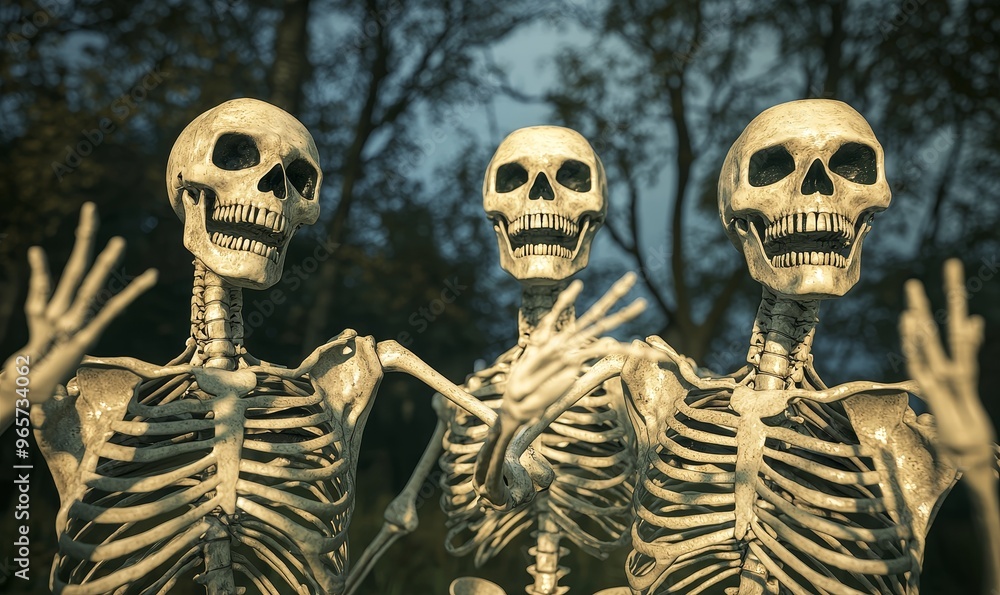 three skeletons dancing in a forest for halloween party invitation or spooky background three skeletons dancing in a forest for halloween party invitation or spooky background