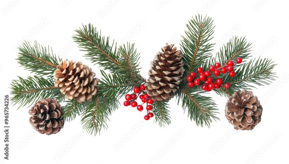 Flat Lay Christmas Composition of Pine Tree Branches, Red Berries, and Pine Cones on White Background Flat Lay Christmas Composition of Pine Tree Branches, Red Berries, and Pine Cones on White Background