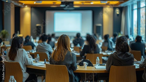 Back view of students attending a lecture in a conference room