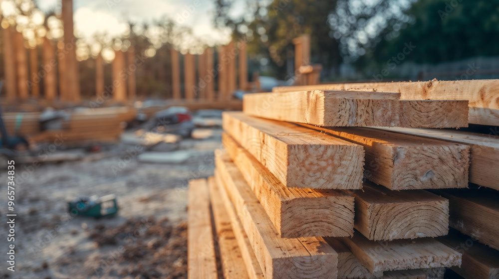 Stack of wooden planks at a construction site during sunset Stack of wooden planks at a construction site during sunset