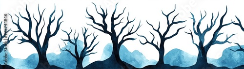 watercolor painting of silhouetted trees with a blue foggy background for halloween designs and decorations.