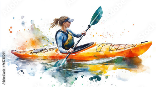 Watercolor painting of a female kayaking in water