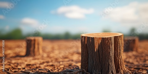 deforestation and climate change close-up of a tree stump in a clear-cut forest with a blue sky and white clouds in the background