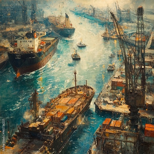 A high-angle view of a busy harbor with large cargo ships and smaller tugboats navigating the waterways, cranes and docks in the foreground.